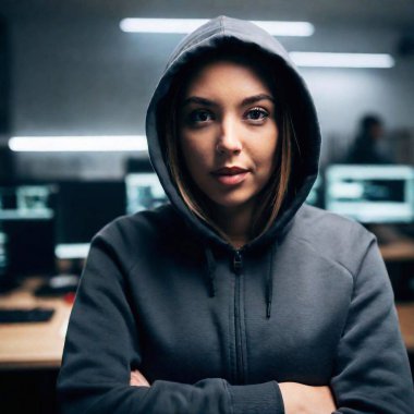 A close-up, rack focus portrait of a woman hacker wearing a hoodie, with  determined expression in sharp focus and the softly blurred background of a cluttered workspace, emphasizing his immersion in the digital world clipart