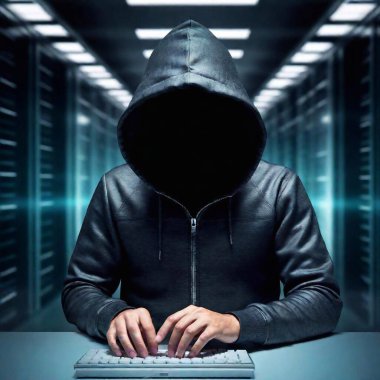 hacker in hood with laptop in dark room clipart