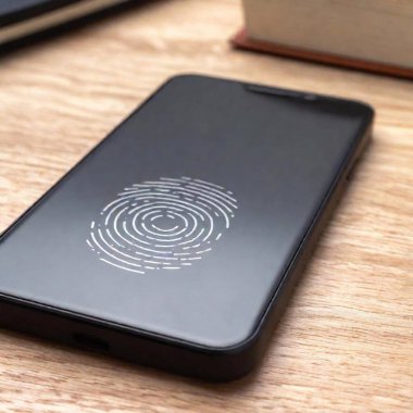 close-up of a fingerprint scanner on a smartphone, the scanner in sharp focus while the rest of the phone and background are subtly blurred to emphasize biometric security clipart