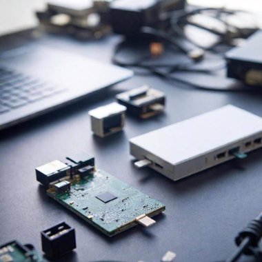 Extreme Wide Shot of a Flatlay Showing Connected Devices and Network Cables: Soft focus, studio shot illustrating the technical side of teamwork with laptops, routers, and network cables connecting various devices. clipart