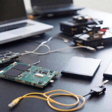 Extreme Wide Shot of a Flatlay Showing Connected Devices and Network Cables: Soft focus, studio shot illustrating the technical side of teamwork with laptops, routers, and network cables connecting various devices. clipart