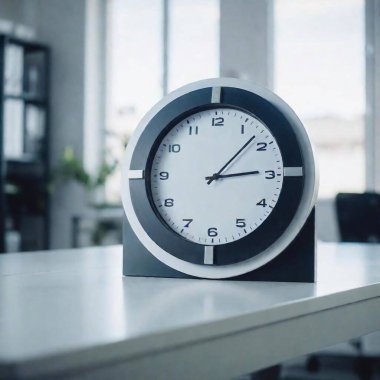 Medium Shot of a Large Countdown Clock in a Modern Office Space: Soft focus, eye-level shot in photo style, depicting a futuristic office with a prominent countdown clock. clipart