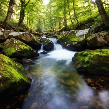 A full shot of a quiet river flowing through a forest at eye level, with trees lining the banks and reflections in the water. clipart