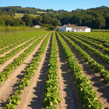 A full shot of a countryside field at eye level, with rows of crops and a farmhouse in the background. clipart