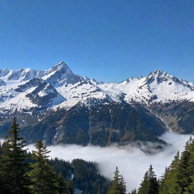 A full shot of a mountain range at eye level, with snow-capped peaks and a lush valley below, eagle in sky clipart