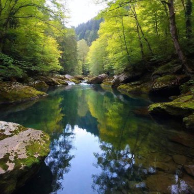 A full shot of a quiet river  with fish flowing through a forest at eye level, with trees lining the banks and reflections in the water. clipart