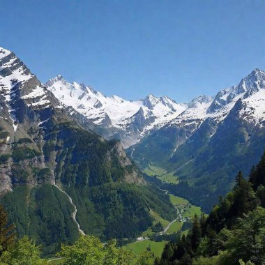 A full shot of a mountain range with eagle in sky at eye level, with snow-capped peaks and a lush valley below clipart