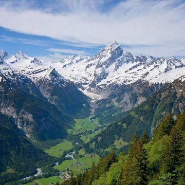 A full shot of a mountain range with eagle in sky at eye level, with snow-capped peaks and a lush valley below clipart