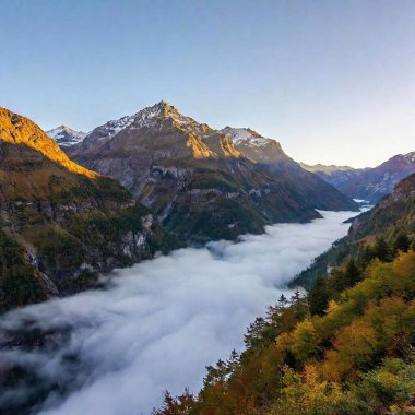 A full shot photo of a mountain valley, with a Dutch angle creating a surreal, tilted perspective. clipart