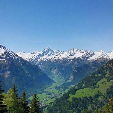 A full shot of a mountain range with eagle in sky at eye level, with snow-capped peaks and a lush valley below clipart