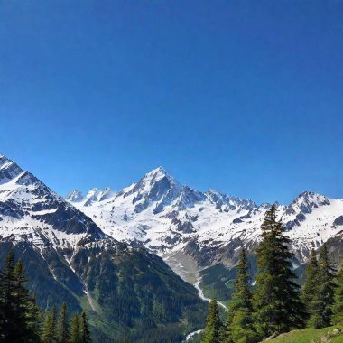 A full shot of a mountain range with eagle in sky at eye level, with snow-capped peaks and a lush valley below clipart