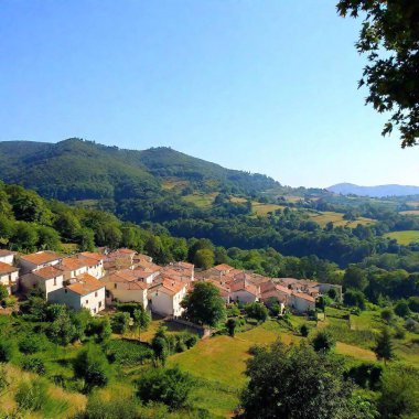 A full shot of a cute village landscape at eye level, among hills stretching into the distance under a clear sky. clipart