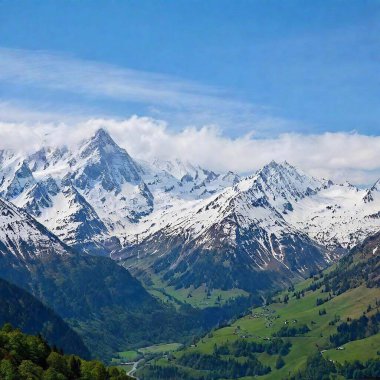 A full shot of a mountain range with eagle in sky at eye level, with snow-capped peaks and a lush valley below clipart