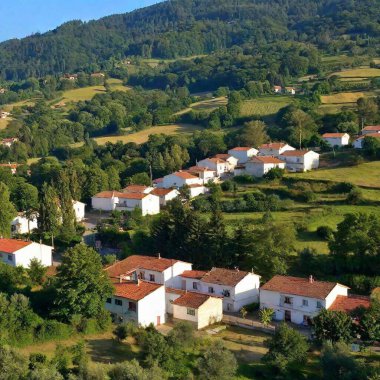 A full shot of a cute village landscape at eye level, among hills stretching into the distance under a clear sky. clipart