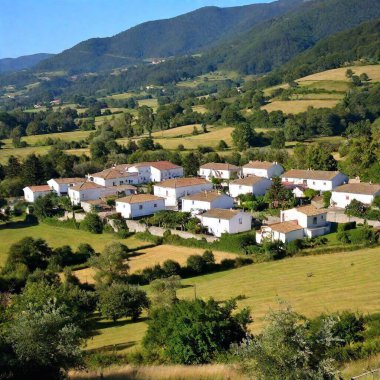 A full shot of a cute village landscape at eye level, among hills stretching into the distance under a clear sky. clipart