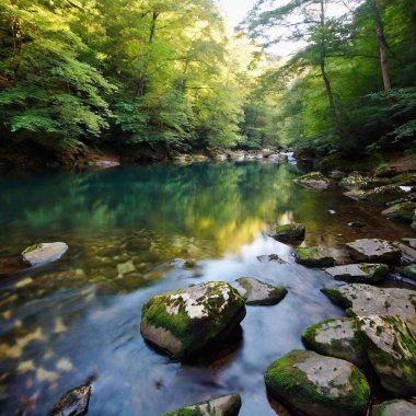 A full shot of a quiet river  with fish flowing through a forest at eye level, with trees lining the banks and reflections in the water. clipart