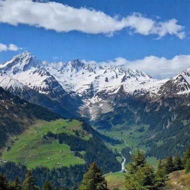 A full shot of a mountain range with eagle in sky at eye level, with snow-capped peaks and a lush valley below clipart