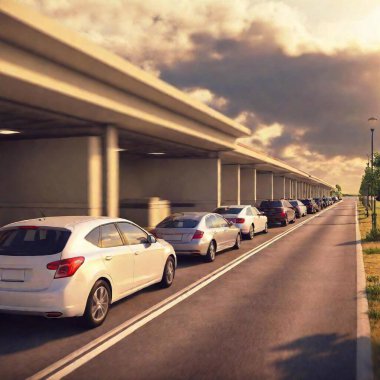 Illustrate an extreme long shot of a fast food drive-thru lane during peak hours. Capture the entire length of the line of cars, with each car receiving or holding bags of fast food items such as burgers, fries, and milkshakes clipart