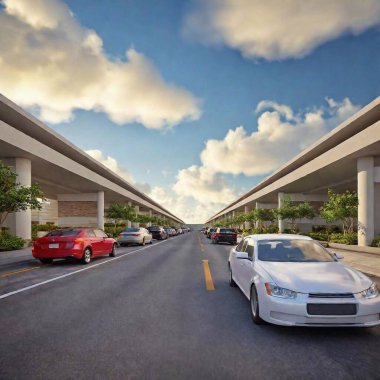 Illustrate an extreme long shot of a fast food drive-thru lane during peak hours. Capture the entire length of the line of cars, with each car receiving or holding bags of fast food items such as burgers, fries, and milkshakes clipart