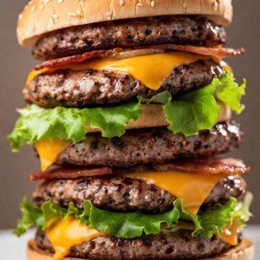 a macro shot looking up at a towering stack of burgers with layers of lettuce, cheese, and bacon. Capture the intricate details of each layer and the textures of the ingredients from the base to the top of the stack. clipart