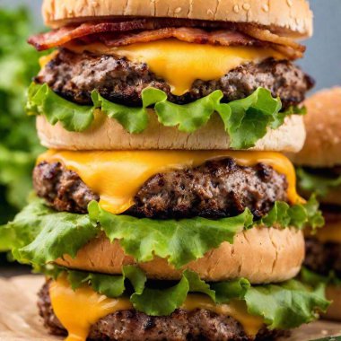 a macro shot looking up at a towering stack of burgers with layers of lettuce, cheese, and bacon. Capture the intricate details of each layer and the textures of the ingredients from the base to the top of the stack. clipart