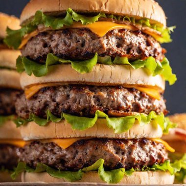 a macro shot looking up at a towering stack of burgers with layers of lettuce, cheese, and bacon. Capture the intricate details of each layer and the textures of the ingredients from the base to the top of the stack. clipart