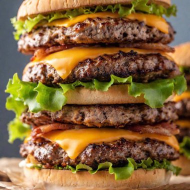 a macro shot looking up at a towering stack of burgers with layers of lettuce, cheese, and bacon. Capture the intricate details of each layer and the textures of the ingredients from the base to the top of the stack. clipart