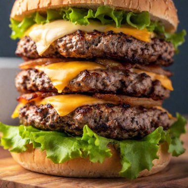 a macro shot looking up at a towering stack of burgers with layers of lettuce, cheese, and bacon. Capture the intricate details of each layer and the textures of the ingredients from the base to the top of the stack. clipart