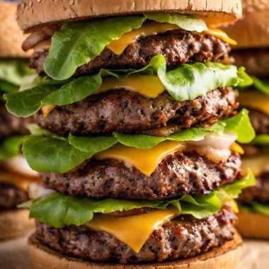 a macro shot looking up at a towering stack of burgers with layers of lettuce, cheese, and bacon. Capture the intricate details of each layer and the textures of the ingredients from the base to the top of the stack. clipart