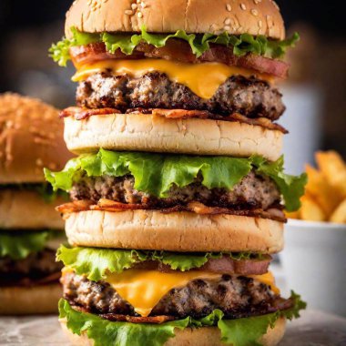 a macro shot looking up at a towering stack of burgers with layers of lettuce, cheese, and bacon. Capture the intricate details of each layer and the textures of the ingredients from the base to the top of the stack. clipart