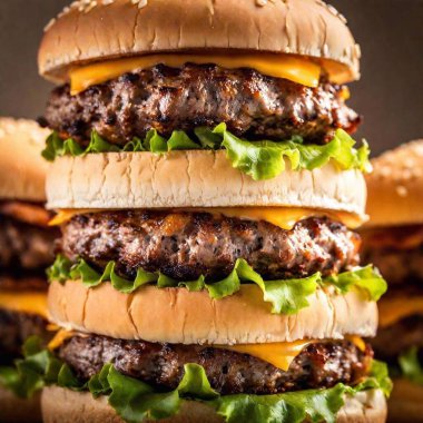 a macro shot looking up at a towering stack of burgers with layers of lettuce, cheese, and bacon. Capture the intricate details of each layer and the textures of the ingredients from the base to the top of the stack. clipart