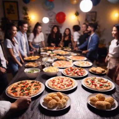 an extreme long shot of a party scene with a large table covered in a spread of junk food like pizza, wings, sliders, and various desserts. Show the full party setup including decorations and guests enjoying the food clipart