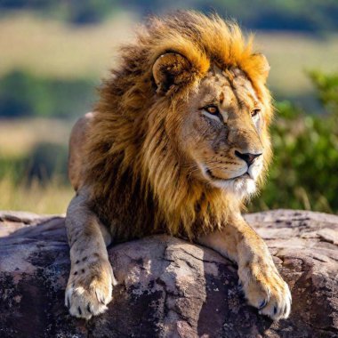 A macro photo of a lion resting on a rocky outcrop, deep focus on its relaxed posture and the texture of its mane, high-angle shot capturing the full body of the lion and the expansive landscape stretching out below clipart