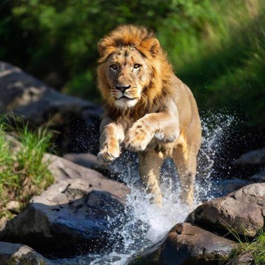 A macro photo of a lion leaping over a small stream, deep focus on the motion and musculature, high-angle shot capturing its full body mid-air, highlighting the dynamic action and strength of the lion clipart