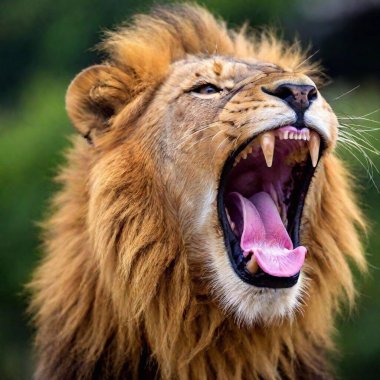 A close-up photo portrait of a lion roaring, deep focus on the details of its open mouth, teeth, and tongue, eye-level shot showing the dynamic expression of its strength and power clipart