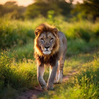 A full shot photo of a lion bathing in the glow of a sunset, deep focus highlighting the silhouette of its full body, low-angle shot adding drama and grandeur to the scene clipart