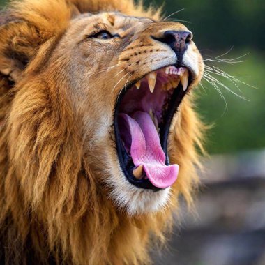 A close-up photo portrait of a lion roaring, deep focus on the details of its open mouth, teeth, and tongue, eye-level shot showing the dynamic expression of its strength and power clipart