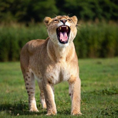 A full shot photo of a lioness in mid-roar, deep focus on its open mouth and intense facial expression, low-angle shot capturing the full body and the dynamic energy of its powerful stance clipart