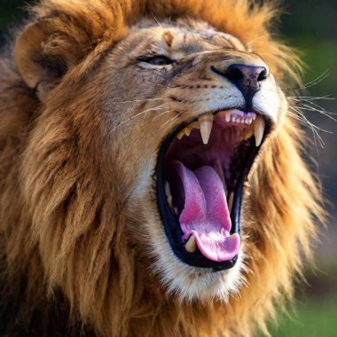 A close-up photo portrait of a lion roaring, deep focus on the details of its open mouth, teeth, and tongue, eye-level shot showing the dynamic expression of its strength and power clipart