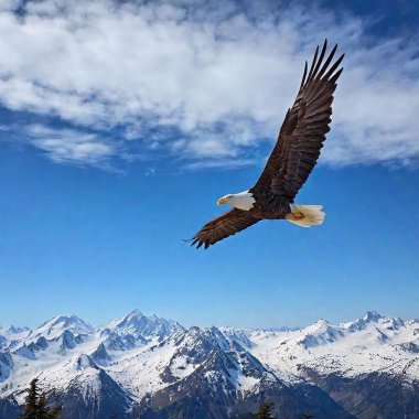 An eagle in mid-flight with a mountain range below clipart