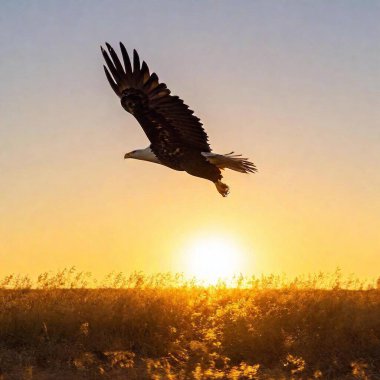 An eagle in mid-flight above a golden field at sunset clipart