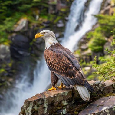 An eagle perched on a cliffside with a waterfall behind it clipart