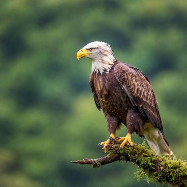 An eagle perched on a branch with a dense foggy background clipart