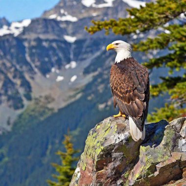 An eagle perched on a large rock with a view of a mountain range clipart