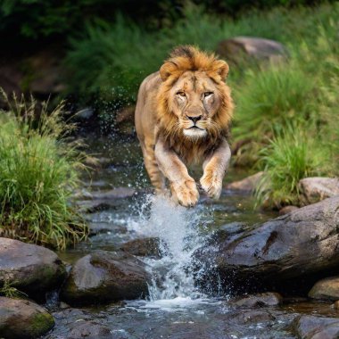 A macro photo of a lion leaping over a small stream, deep focus on the motion and musculature, high-angle shot capturing its full body mid-air, highlighting the dynamic action and strength of the lion clipart