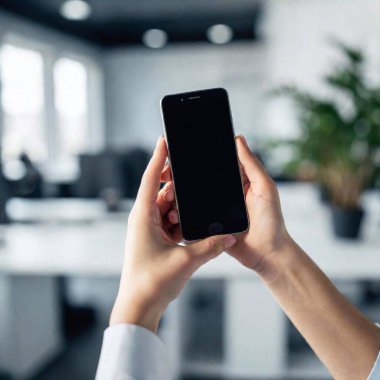 A close-up shot of a sleek smartphone in hand, sharp focus while the users hand and the background of a modern office blur softly, emphasizing cutting-edge technology clipart