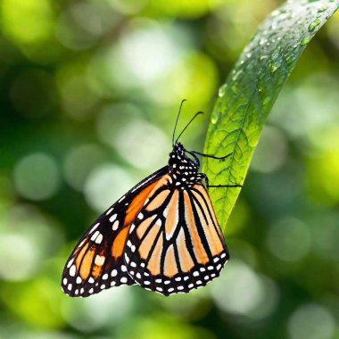 A macro photo of a butterfly resting on a dew-covered leaf, soft focus blurring the light reflections from the dew drops, low angle shot giving an upward view that enhances the fragile and translucent quality of its wings clipart