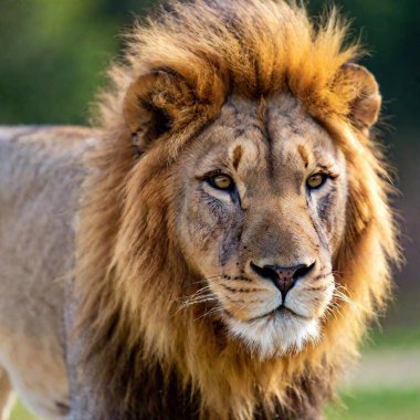 A close-up photo portrait of a lion with its head slightly tilted, deep focus on the softness of its mane flowing in the wind, eye-level shot capturing a gentle yet powerful expression clipart