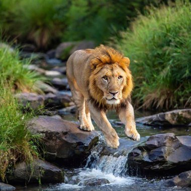 A macro photo of a lion leaping over a small stream, deep focus on the motion and musculature, high-angle shot capturing its full body mid-air, highlighting the dynamic action and strength of the lion clipart