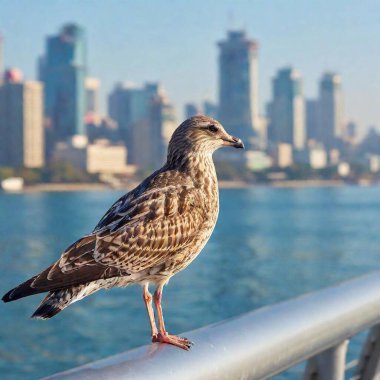 A bird perched on a railing with a city skyline in the background clipart